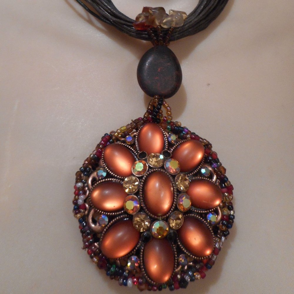 BOHO, HIPPIE Large Copper Pendant with  Beads & Stones. String Leather Necklace